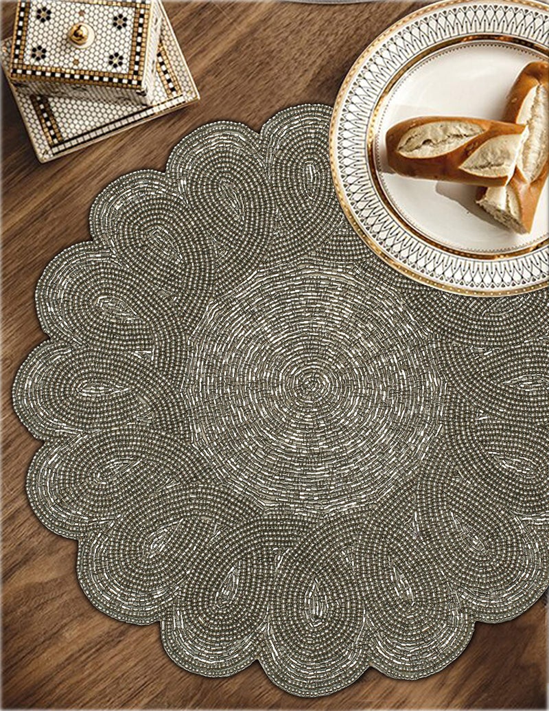Light & Pro Lightnrpo Round Scalloped Beaded Charger Placemats - Handmade Decorative Table Placemats for Dining Table, Holiday, Wedding, Party, Kitchen & Home DÃ©cor - Handcrafted by Artisans - 13 Inch Gunmetal - Image 3